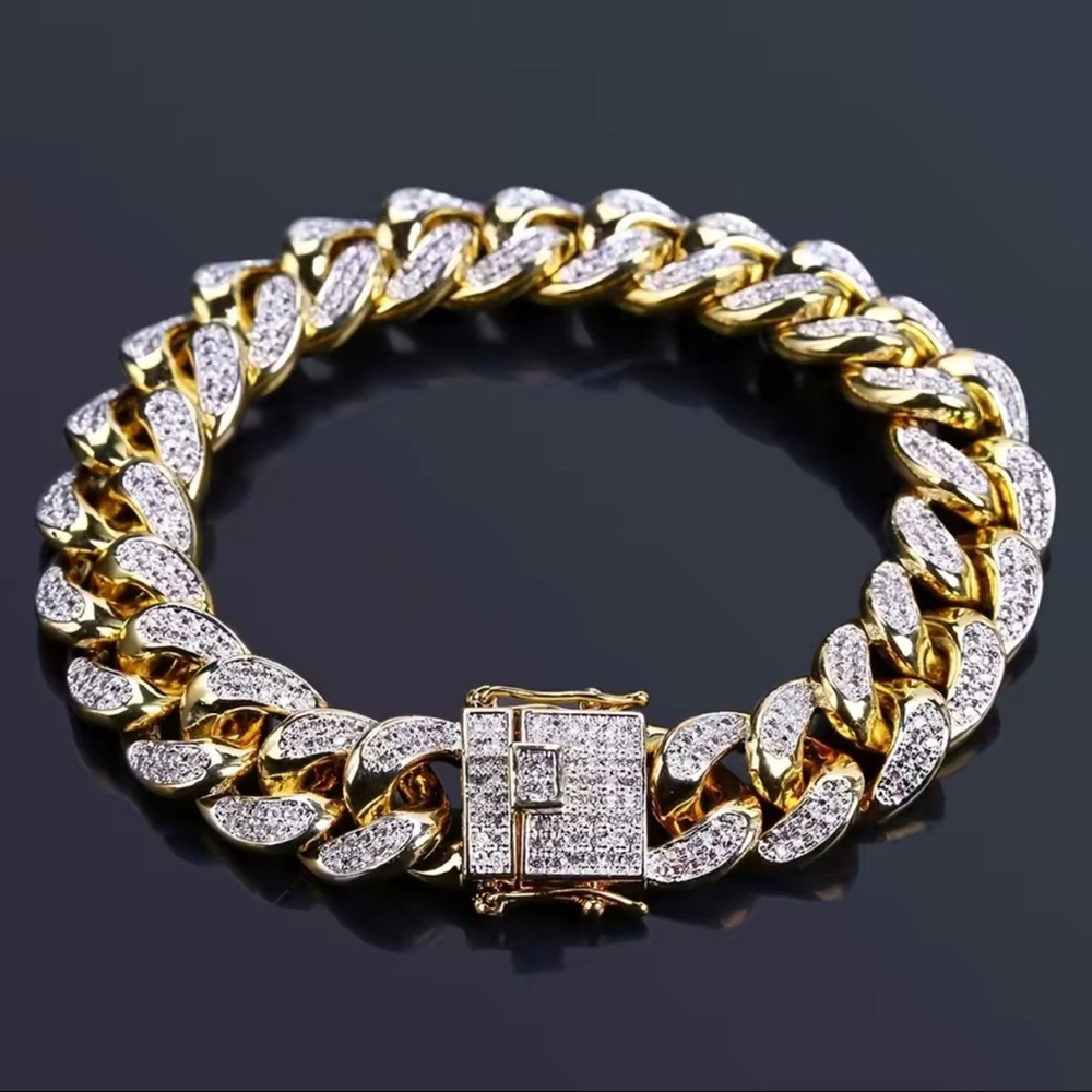 Gold and Silver Cuban Link Bracelet with Pave Stones - Men Accessories